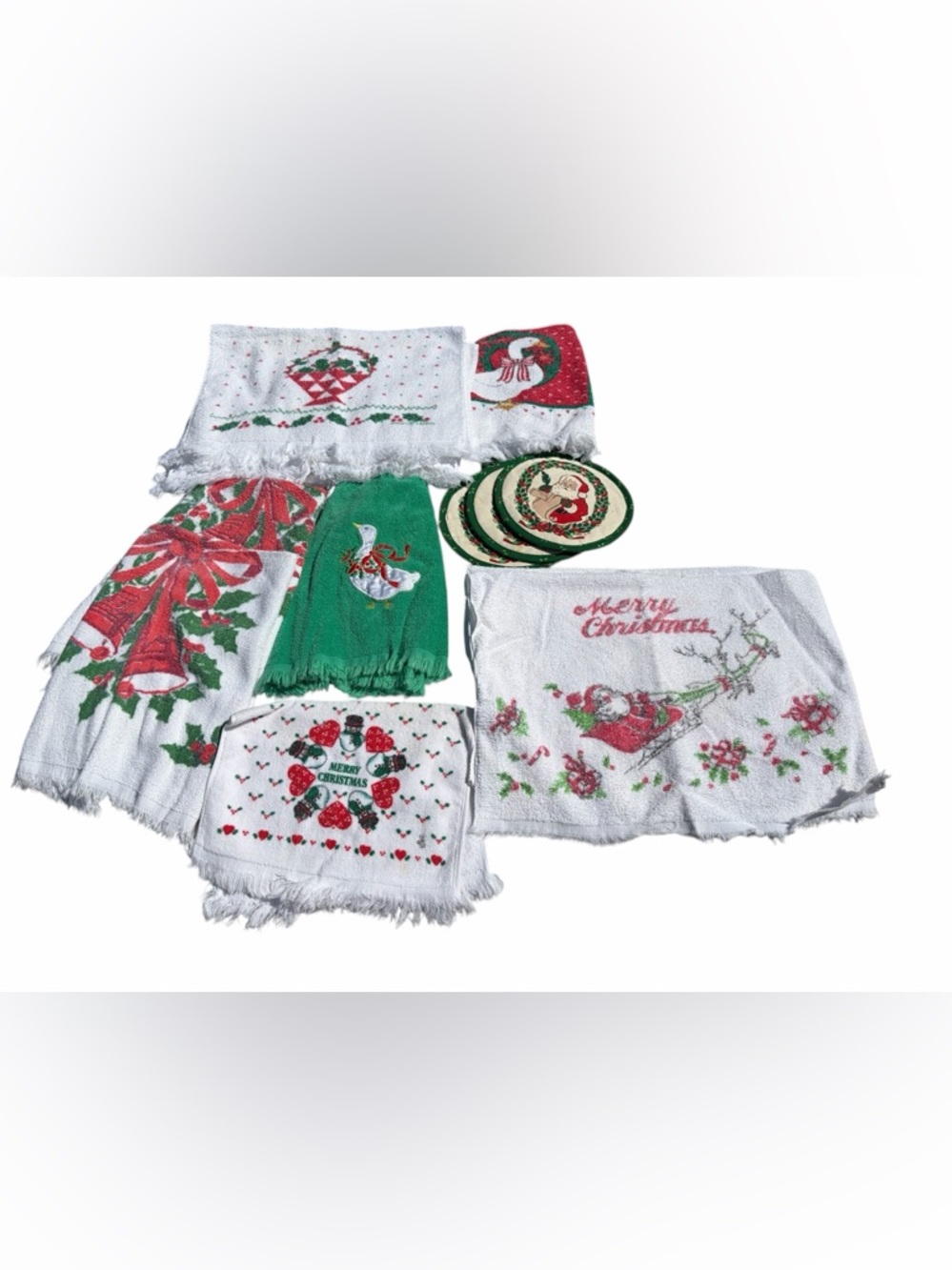 Vintage Christmas Kitchen Linen Lot Towels Coasters Pot Holder Holiday Set